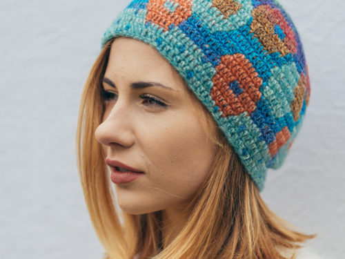 Tija Crochet Hat Floral Bubbles blue and orange