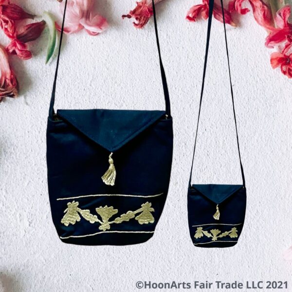 Black & Taupe Hand Embroidered "Retro" Cross-Body Shoulder Bag | HoonArts