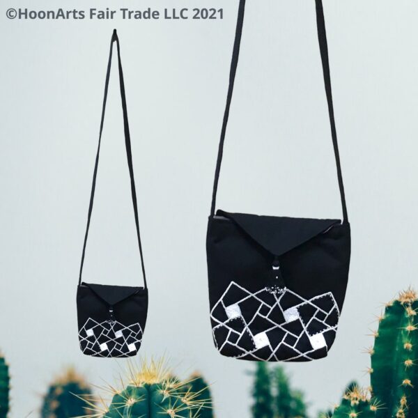 Hand Embroidered Black & White Cross-Body Shoulder Bag | HoonArts