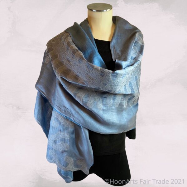 Blue and Grey Kyrgyz Felted Silk Scarf-Shawl