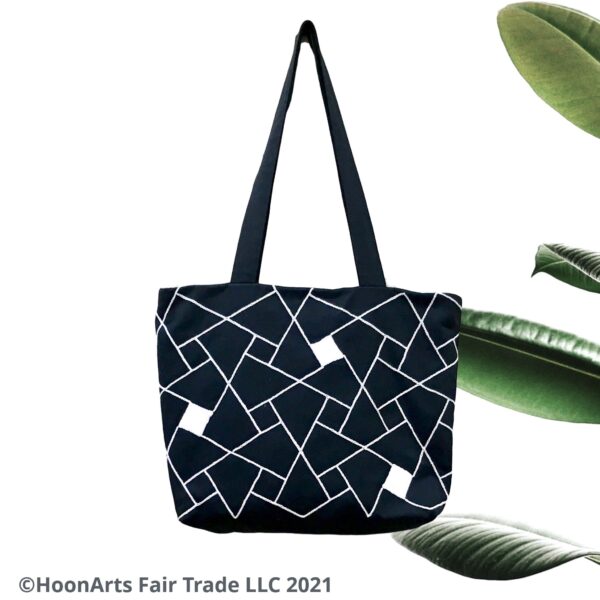 Hand Embroidered Black & White Geometric Tote Bag | HoonArts