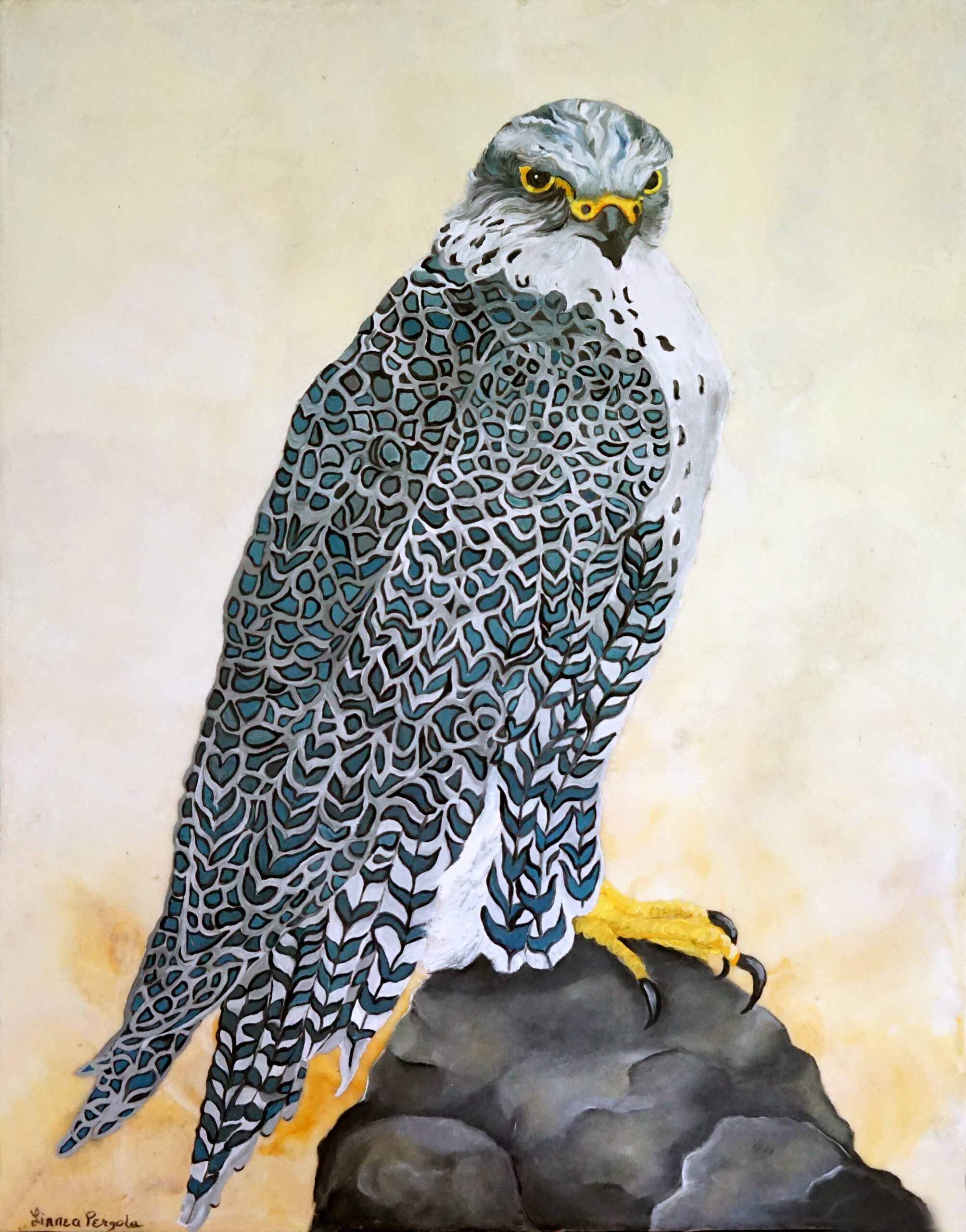 Encaustic and oil of a falcon.