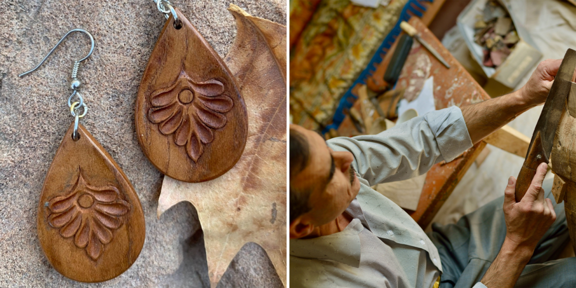 Hand-Carved Teardrop Earrings in Apricot Wood from Sodiq Zaripov of Tajikistan - HoonArts Fair Trade