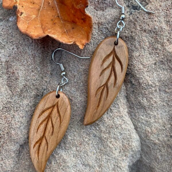Hand Carved Wooden Earrings-Leaf | HoonArts