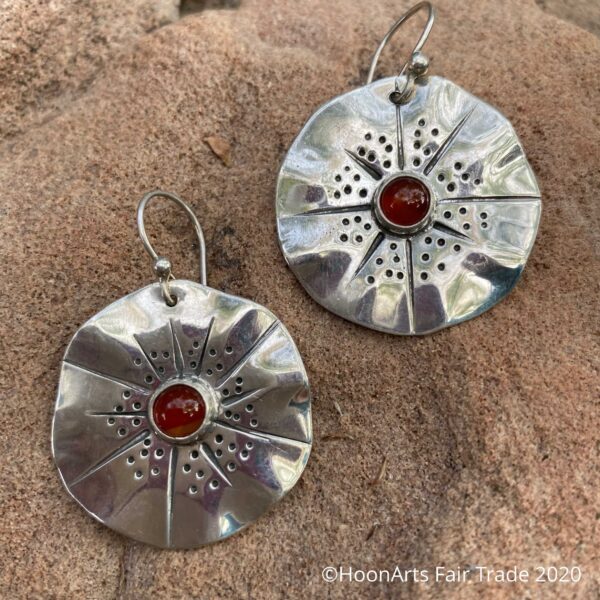 Large Silver Flower Earrings with Carnelian-"Gulya" | HoonArts