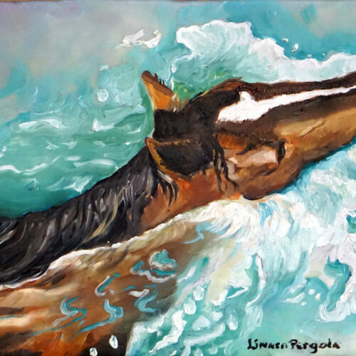 Encaustic and oil of a swiming horse.