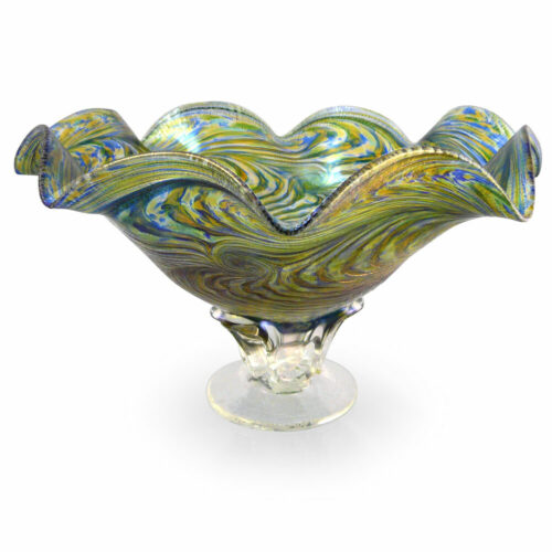 Modern Artisan Hand-Blown Glass Fluted Pedestal Bowl - Peacock