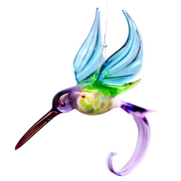 Modern Artisan Floral Purple Hummingbird Hanging Glass Figurine