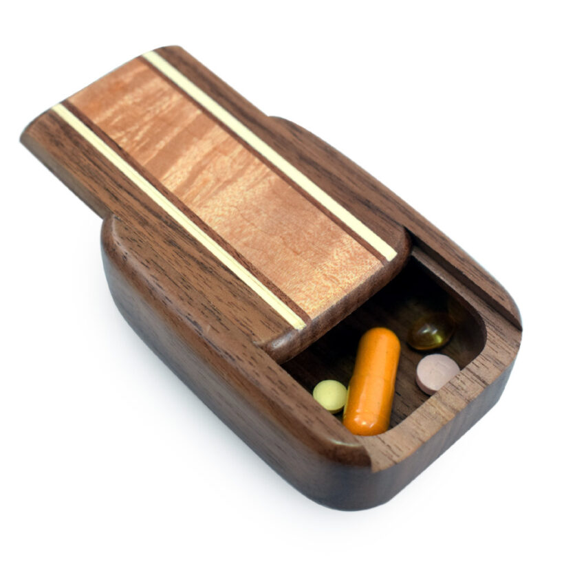 Modern Artisan Hardwood Walnut Pill Box with Burl Maple Inlay