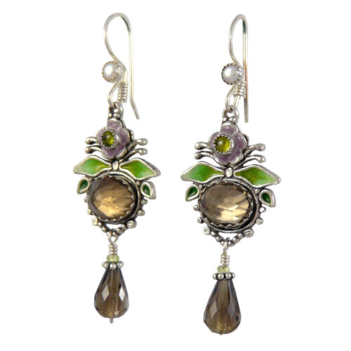 Modern Artisan Upscale Bohemian Chandelier Earrings: Smoky Quartz and Enamel