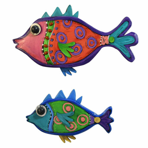 Modern Artisan Vibrant Tropical Fish Carved Wood Wall Hanging Set