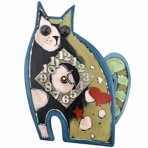 Modern Artisan Folk Style Painted Cat Wall Clock