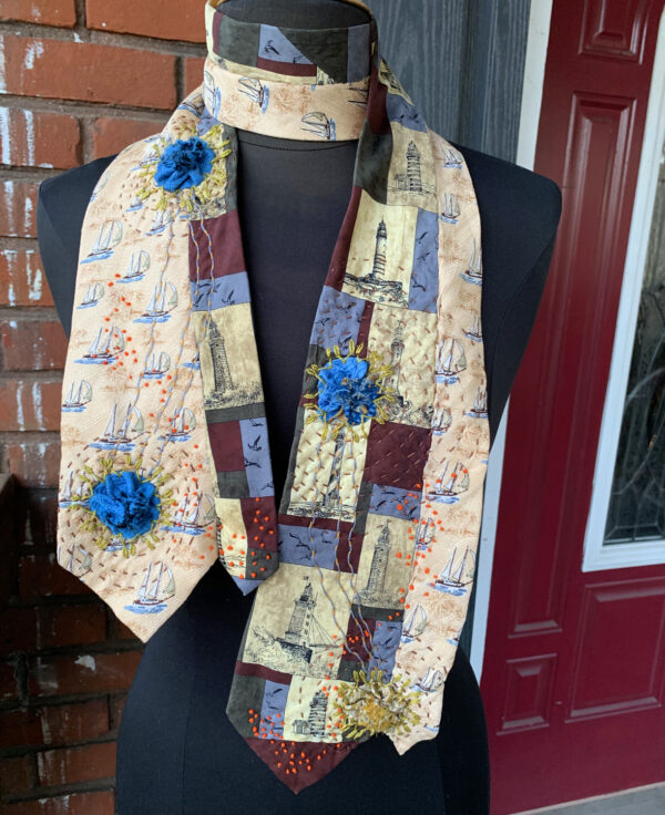 Upcycled Necktie Scarf - Silk Nautical Theme 2