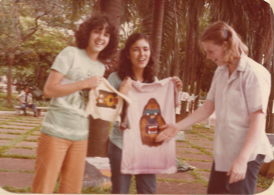 Selling painted t-shirts in the park, Brazil, 1978, with Regina and Rose.