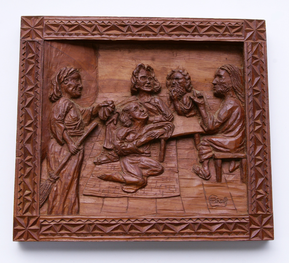 Carving of Jesus with Mary and Martha by Clifford Biel