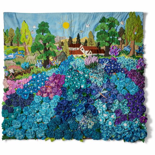 Lucuma Designs Dragonflies over Blue Flowers - Large 3-D Arpillera Art Quilt