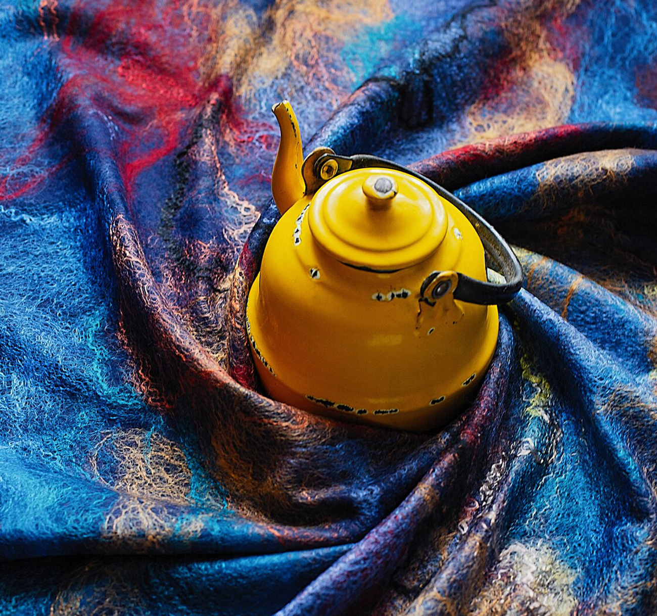 FeltUA Ukrainian Shawl Blue with Yellow Teapot