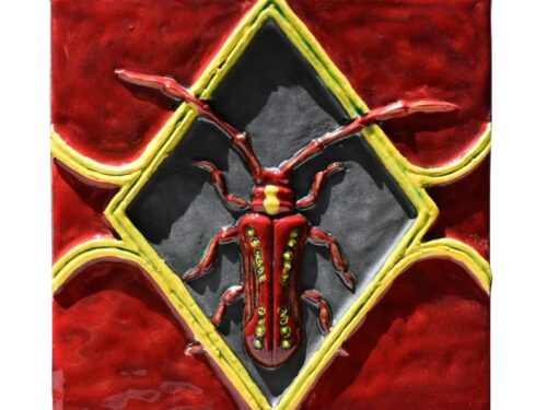 HoneyBee Ceramics - Sculpted Scarab Tile in Red and Yellow Glazes