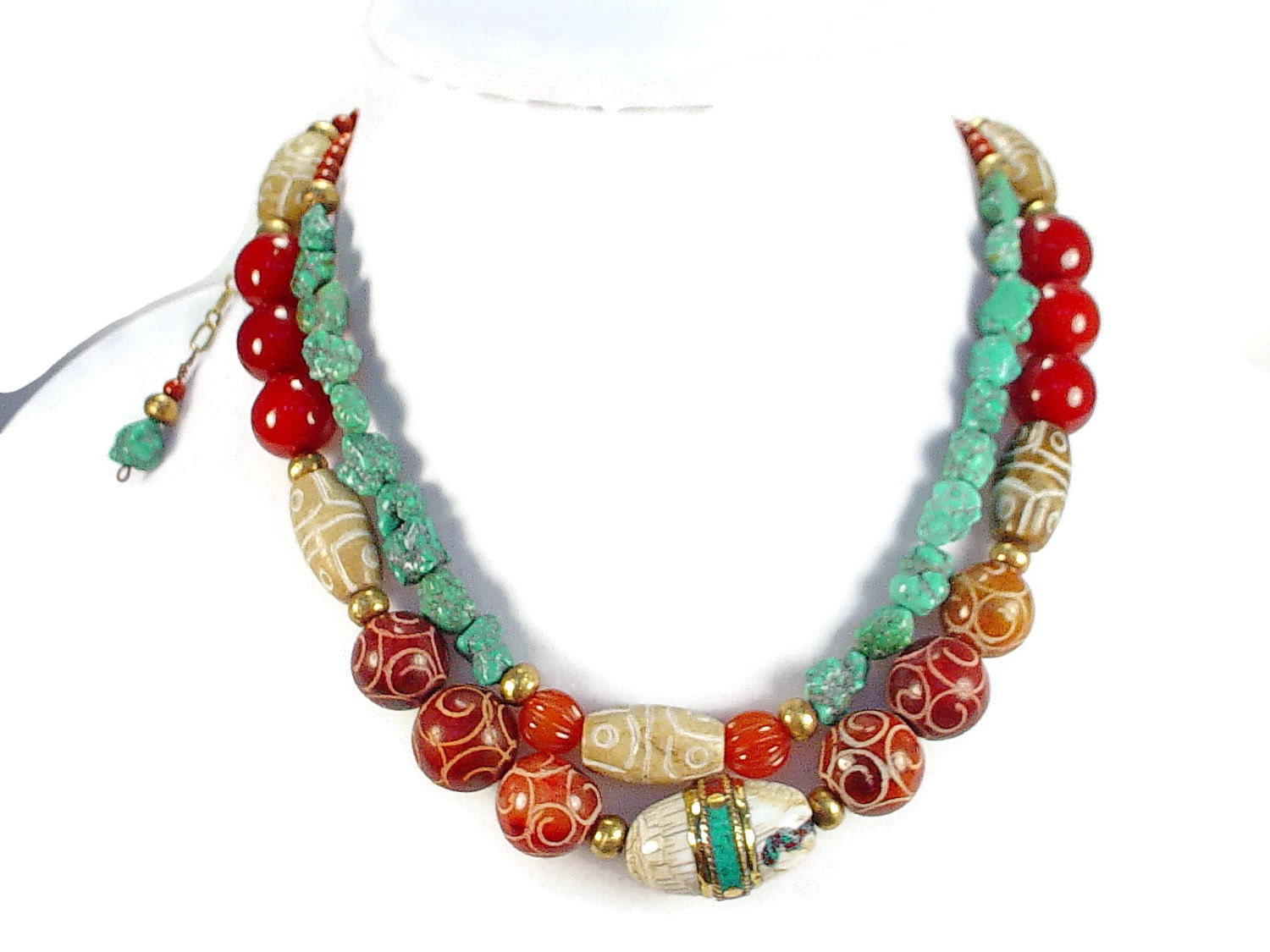 Deerwoman Designs Tibetan Necklace with Dzi Style Beads